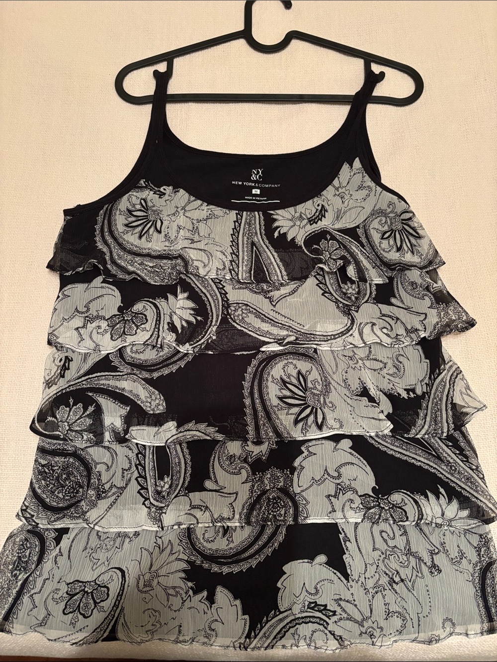 New York & Company Black and Light Gray Paisley Ruffle Camisole